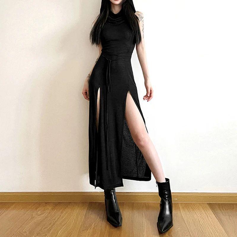 

Hooded Hem Slim Personalized Dress Hood Hem Split Personality Dress black L