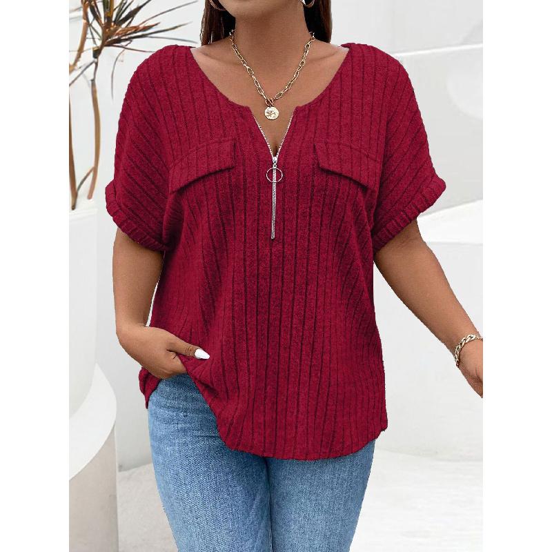 2026 Spring/Summer New Plus Size Solid Color Women's V-Neck T-Shirt Loose Top with Zipper Short Sleeves and Faux Pockets