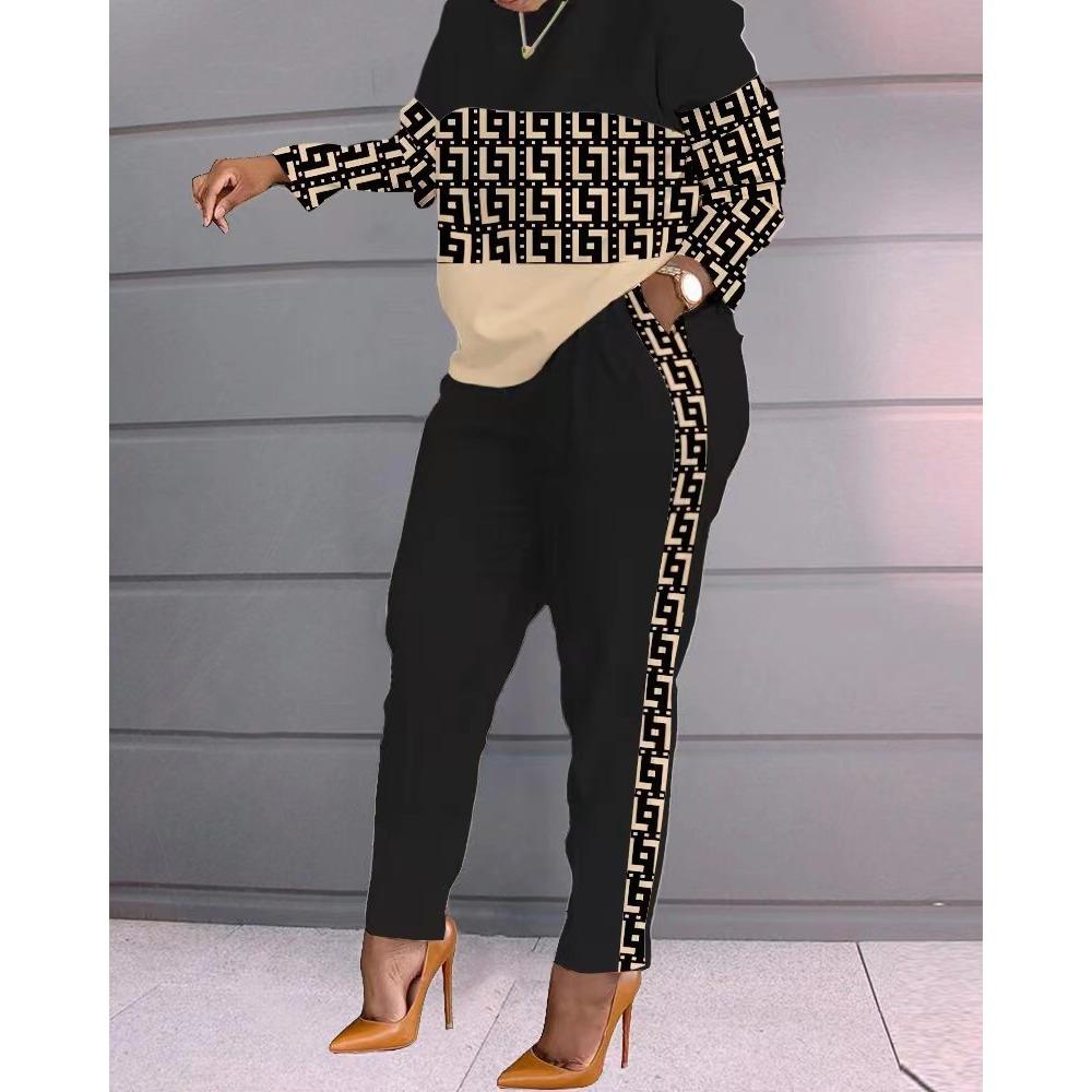 

Женский костюм-двойка с длинными рукавами и принтованными брюками XXXL