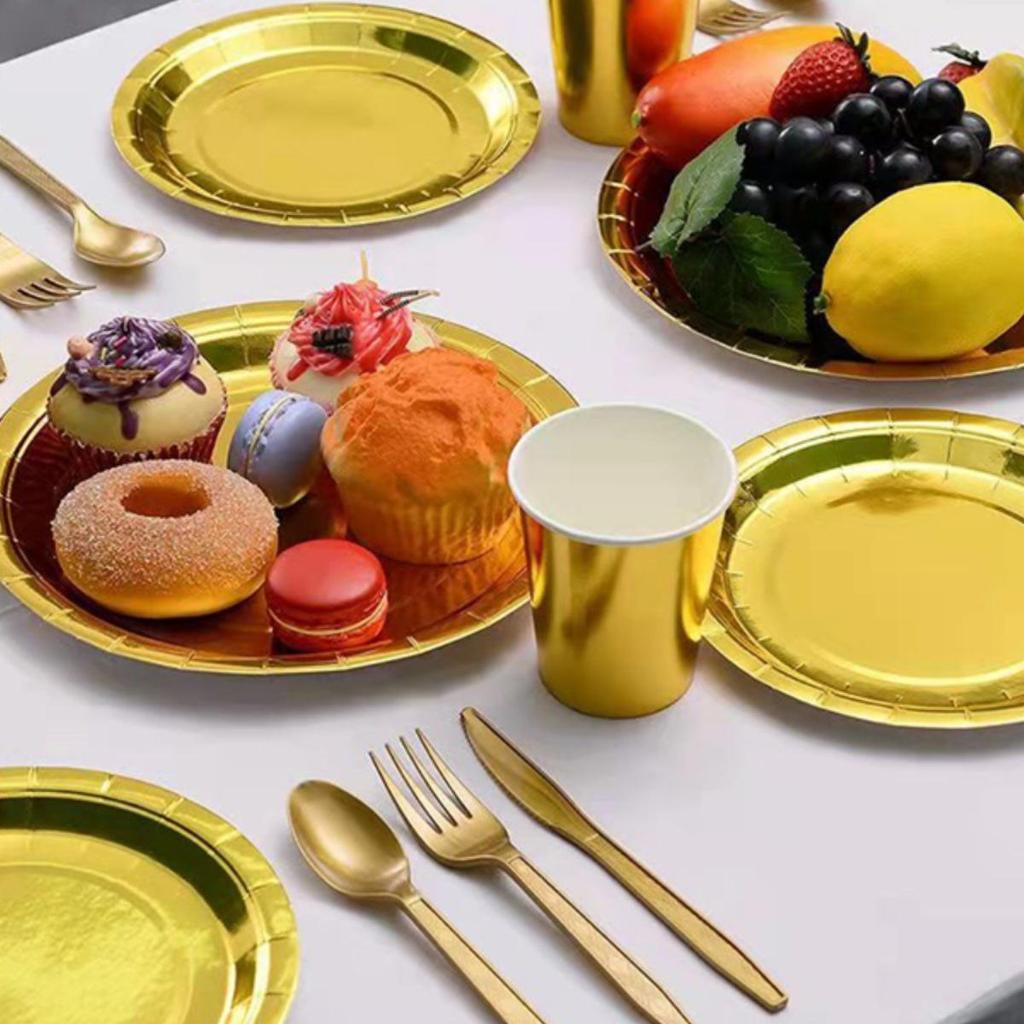 Gold Party Tableware Set: Rose Gold Plates, Cups, Straws, and Cake Dishes
