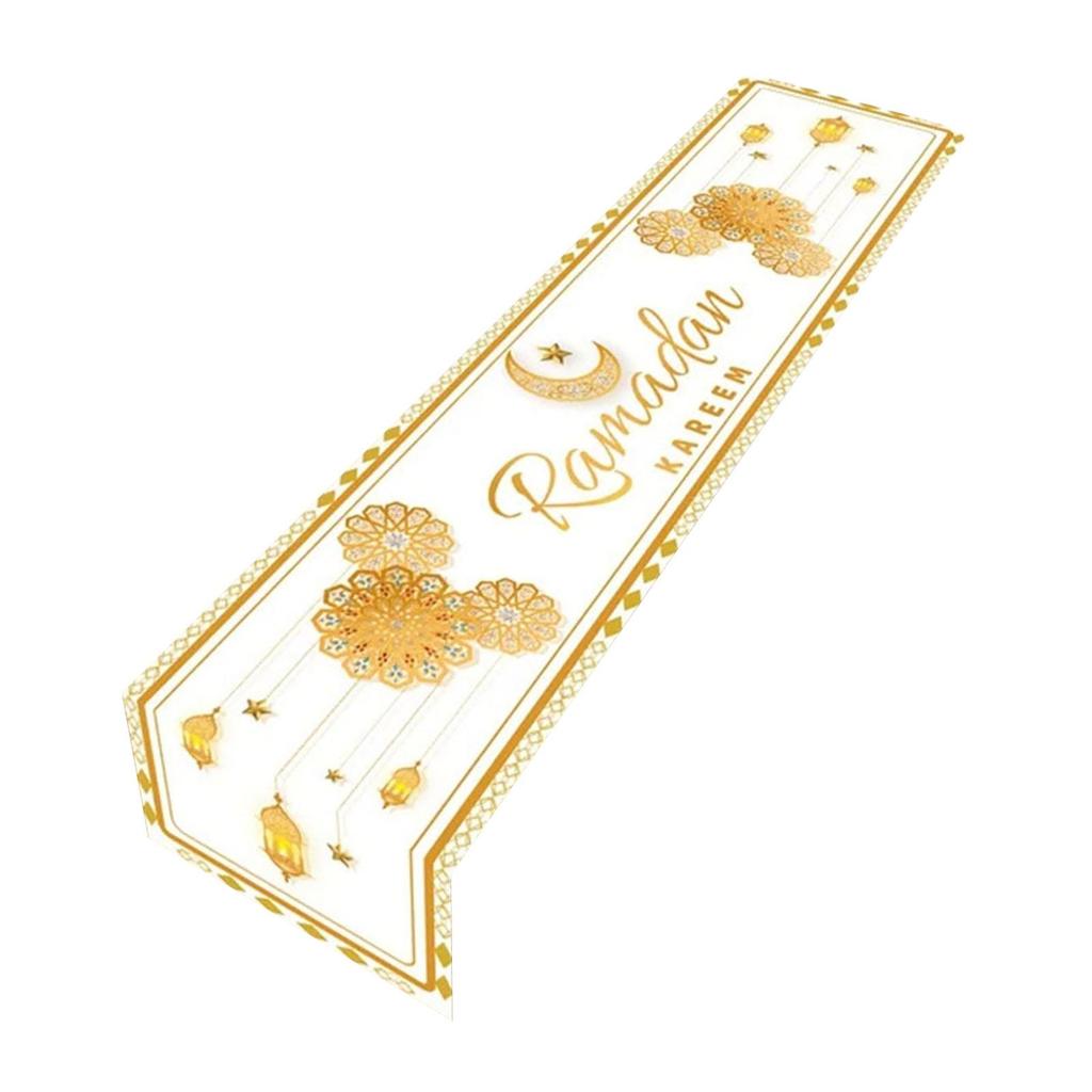 Eid Mubarak Table Runner Islamic Muslim Star Moon Polyester Table Cloth for Home Dining Room Celebration Festival Kitchen
