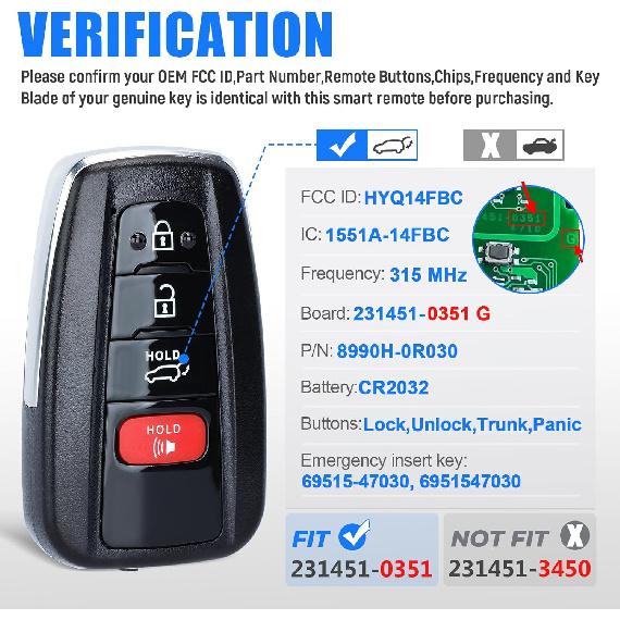 

Key Fob Smart Transmitter Keyless Entry Remote Replacement for Toyota RAV4 2019 2020 2021 231451-0351 G Board HYQ14FBC 8990H-0R030 4 Buttons