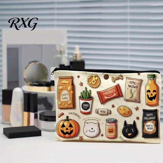 Cartoon Brush Holder Halloween Theme Cosmetic Bag, Durable Canvas Zipper Makeup Pouch, Digital Print Pouch Portable Storage for Stationery And