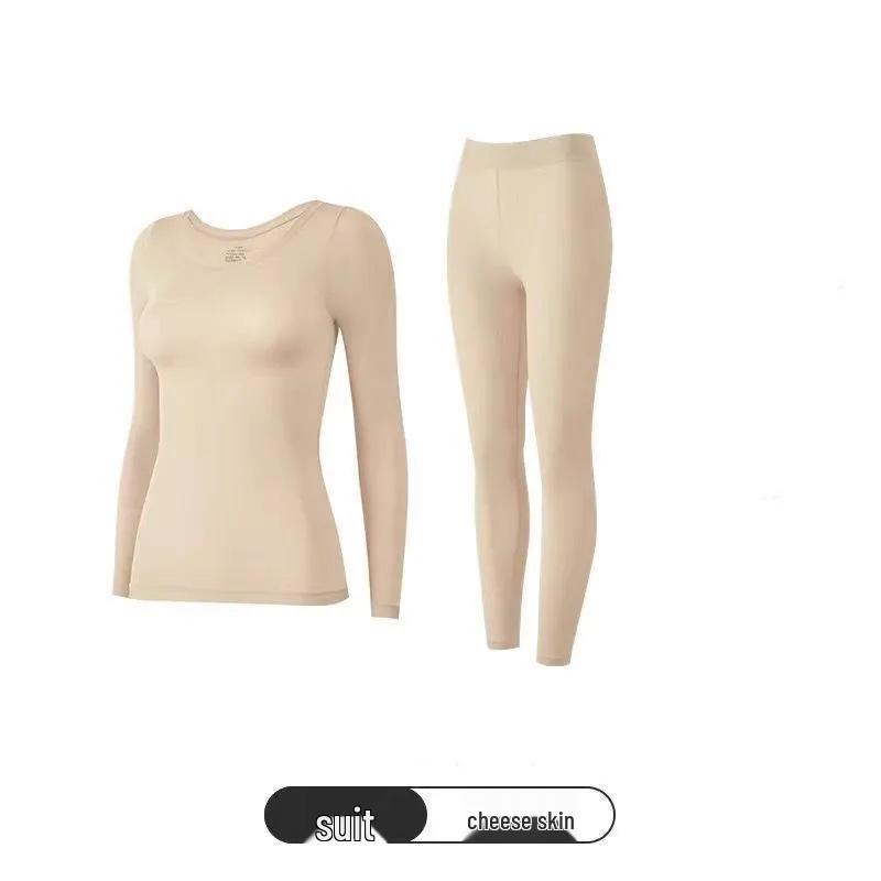 

Женский термокомплект с гиалуроновой кислотой для улучшения кожи: Топ с длинным рукавом и длинные брюки, круглый вырез, высокая эластичность, теплая осенняя одежда. L [80-120 jin]