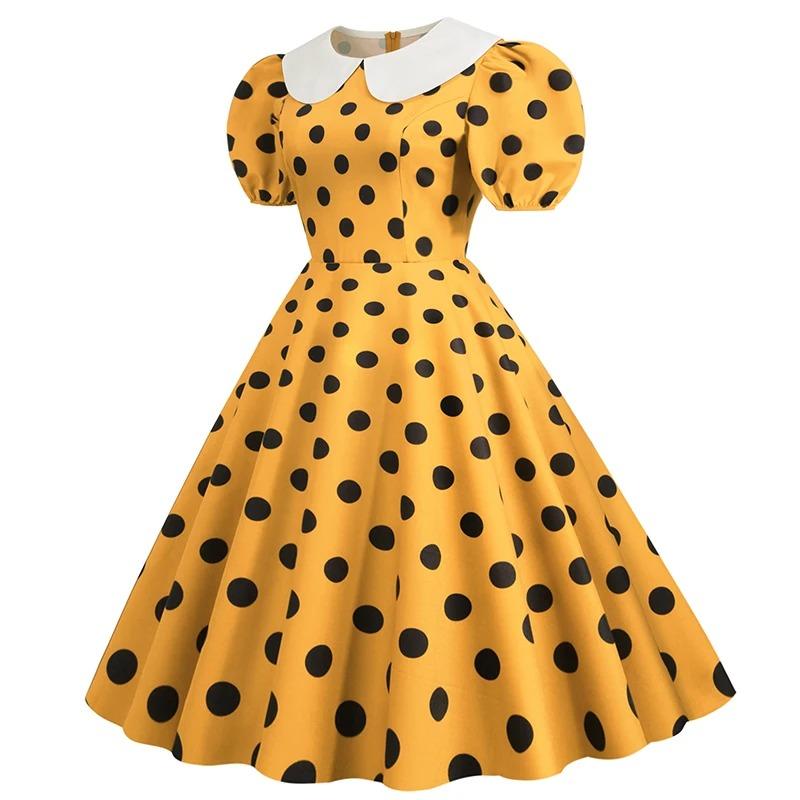 Kragen Elegantes Damen Sommerkleid Puff Kurzarm Pünktchen Vintage Kleid A-Linie Midi Party Sonnenkleid