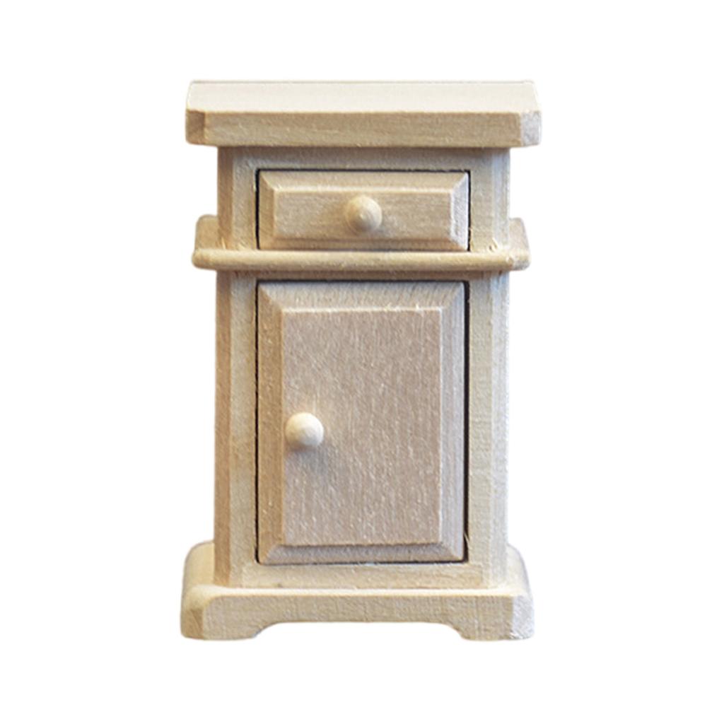 Realistic Wood Zakka Realistic Pretend Play Display Bedside Table Model Toy Vintage Bedstand 1:12 Doll House