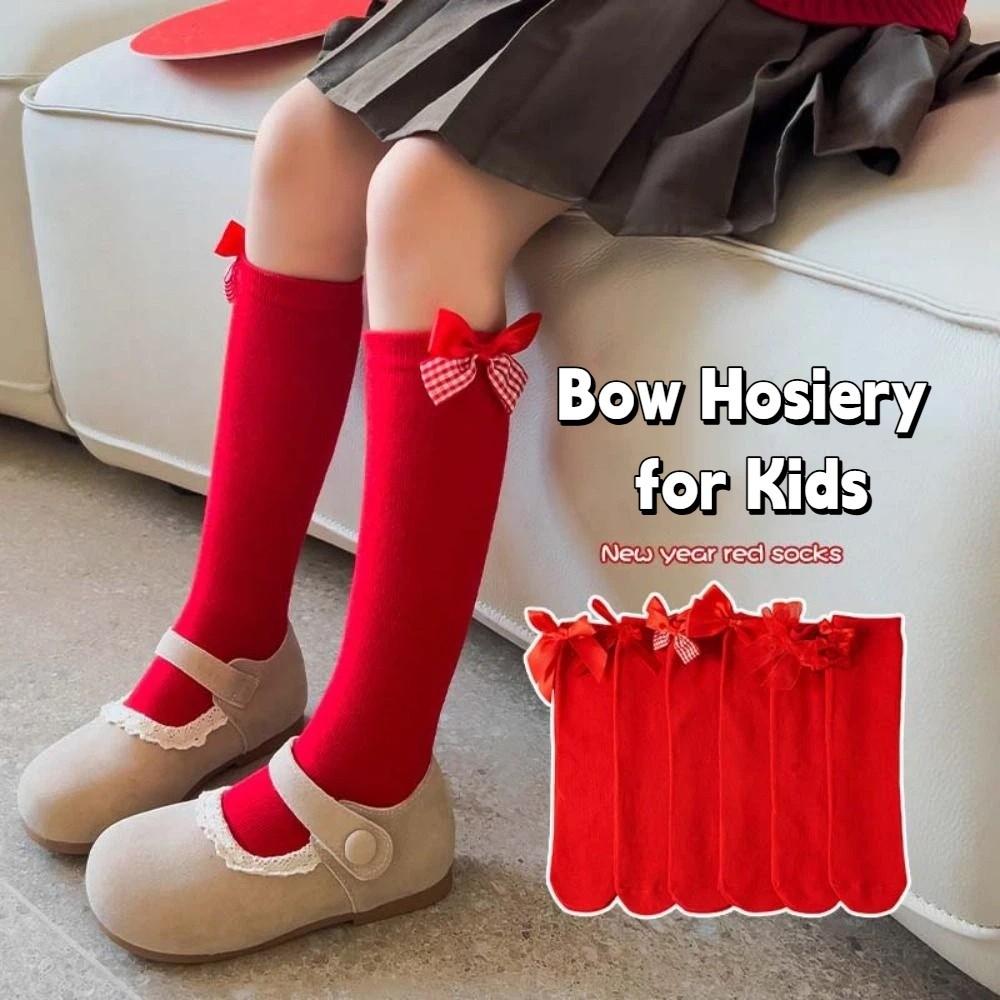 MidTube Bow Hosiery for Kids Cotton Children Long Socks Sleeping New Year Red Socks  Autumn