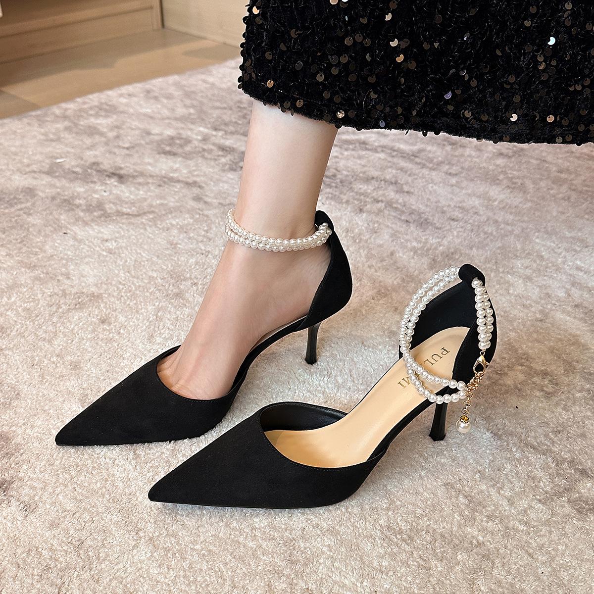 Heels for Women Heeled Sandals Black Suede Pearl Heels Women Pumpy Peaks Stiletto Heels Hollow Shoes Women s Sandals 33
