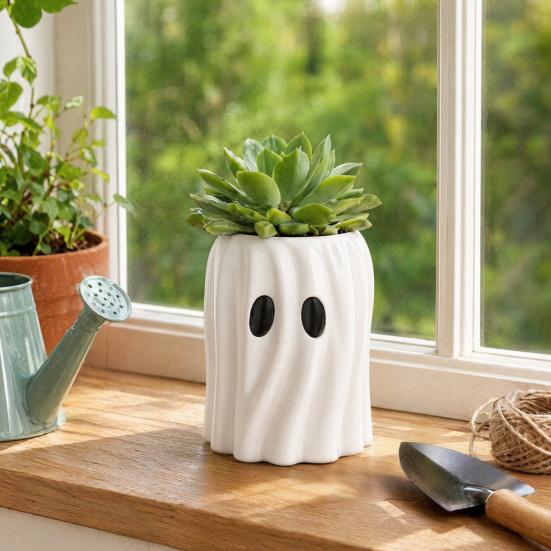 Ghost Planter Planter, Halloween Shaped Bucket, Cute Desktop Candy Whimsical Home Ornament Bowl for Office Shelf, Indoor Party Decor Small Resin Plant