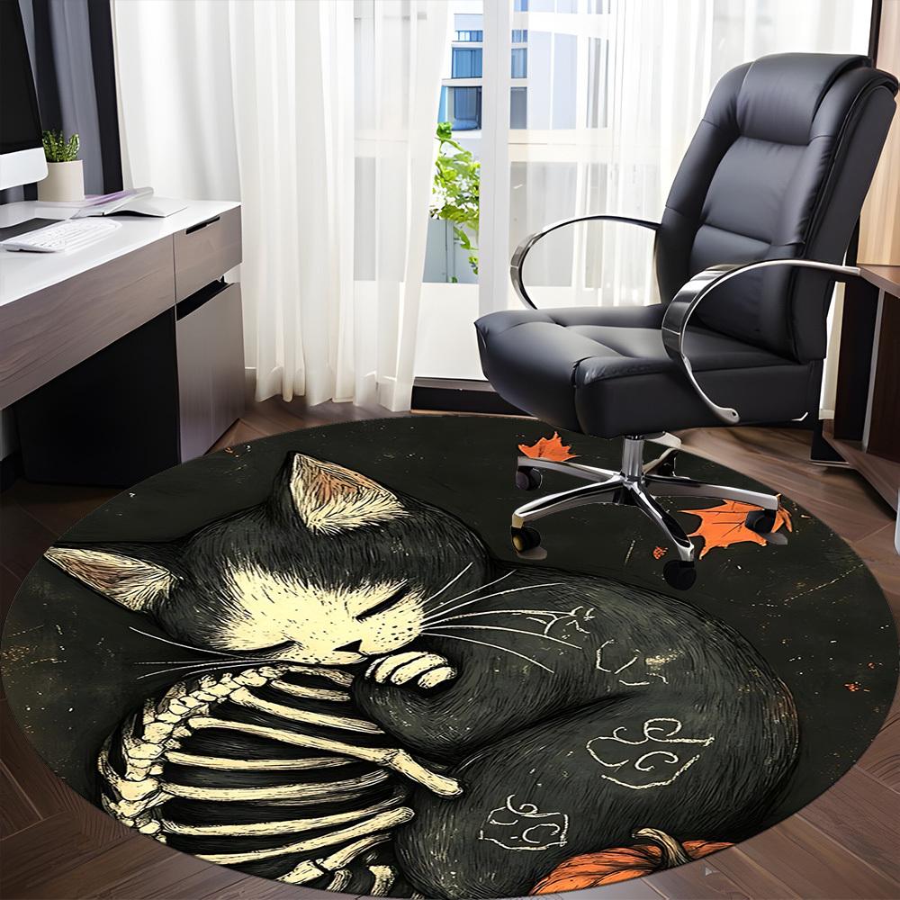 1pc Cat Skeleton Office Round Area Rug, Under Office Chairs Bedroom Living Room Home Decor, Room Deco, Available in Various Sizes 158