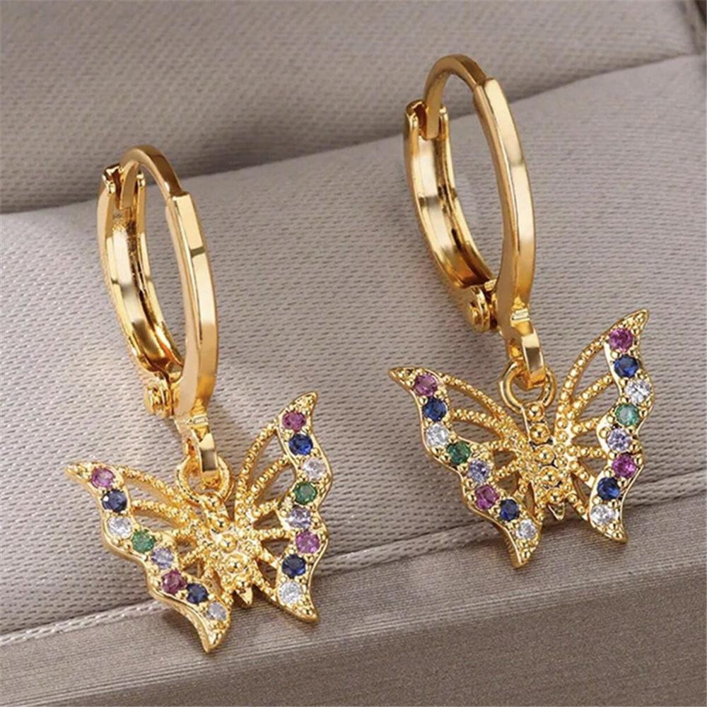 Luxury Female Rainbow Zircon Stone Butterfly Hoop Earrings Vintage Fashion Gold Color Wedding For Women