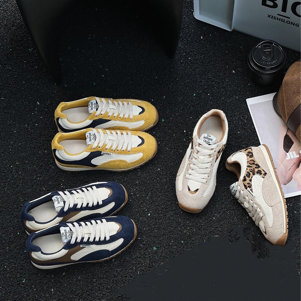 Horsehair Version~ Leather Thick-soled German Training Shoes for Women's 2025 New Mesh Breathable Splicing Casual Flat-soled Sports Shoes