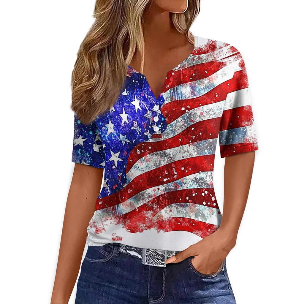 Women's T Shirt Tee Print Button Short Sleeve Daily Weekend Fashion Basic V- Neck Regular Top