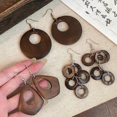 Vintage Böhmische Holzohrringe Damen Nische Hohl Großer Kreis Ohrhaken Ethnischer Stil Übertriebene Ohrringe