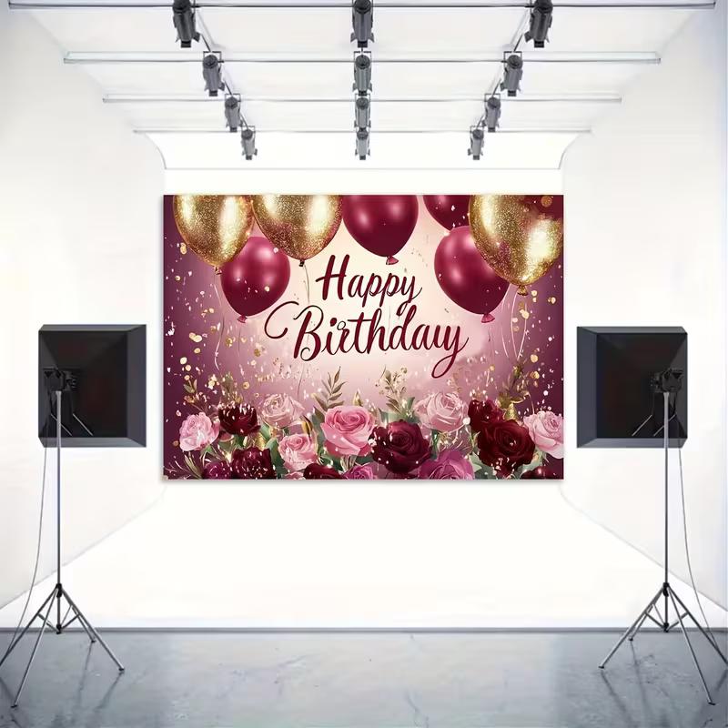 Striscione Fotografico Sfondo Buon Compleanno Rosa Elegante Color Borgogna Rosa