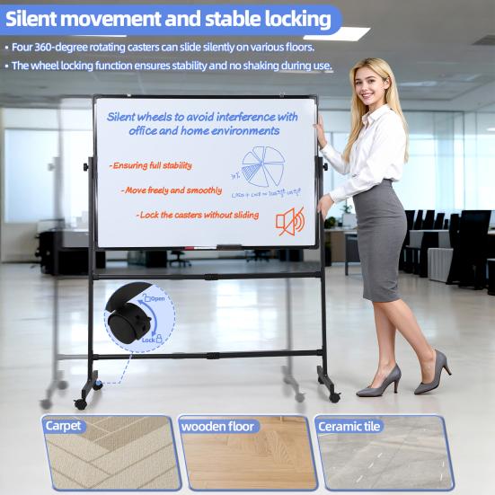 Magnetic Standing Mobile Easel Board Rolling Dry Erase Board, 40 x 28 Inch Large Whiteboard, Height Adjustable Double Sided Style White with Stand for