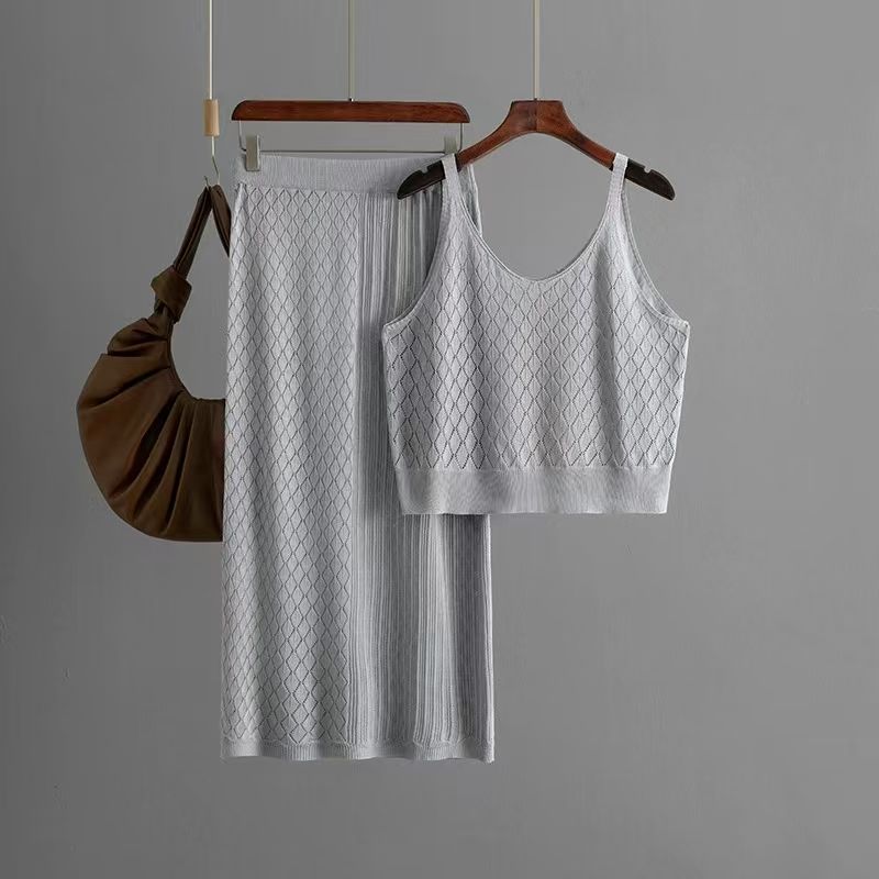 

Western Style Knitted Hollow out Cami Skirt Two-piece Set Knitted Vest and Skirt Set Grey All yards