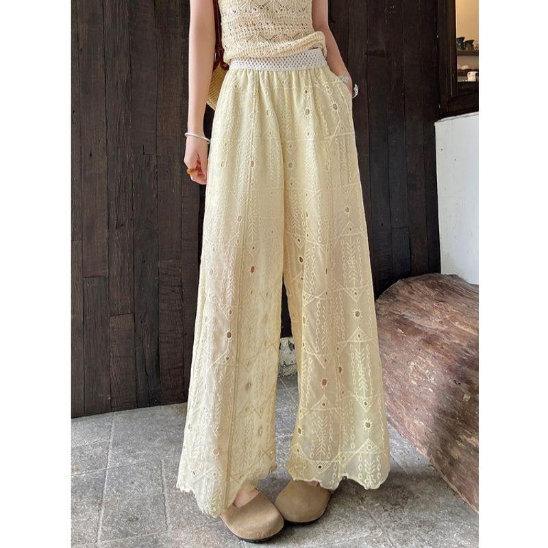 Korean Style Lady's Small New Heavy-Duty Embroidery Stitched Pattern Hollow Lace Straight Pocket Anti-Wrinkle Wide-Leg Cropped Pants