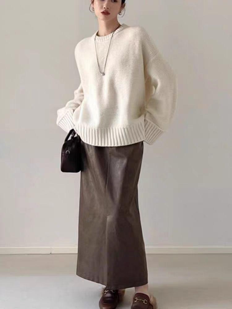 Women's European-Style Heavy-Weight Pure Wool Round-Neck Sweater, Thick & Loose Mid-Length Cashmere Pullover