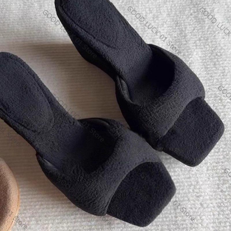 Fashion 2025 Slip Belt Wedge Heels Women's Niche Fashion Versatile Bread Plush Fleece Square Toe Slippers