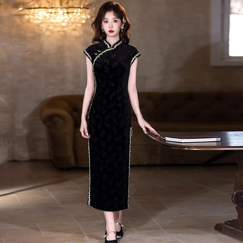 Black Velvet Sleeveless Long Cheongsam Dress 2026 Womens Elegant Modern Chinese Style Evening Gown Small
