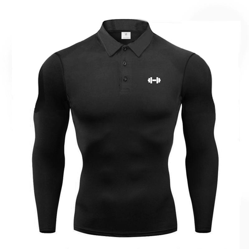 Muscleguys Men's Running Polo Shirts Long Sleeve Button Moisture Wicking Quick Dry Athletic Workout T-Shirts Compression Fitness T Shirts