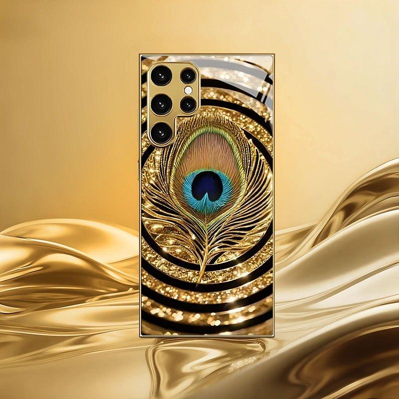 Gold-plated Tempered Glass Phone Case, Compatible Galaxy S26 S25 S24 S23 S22 Ultra Plus. Features a Gold and Blue Feather Design