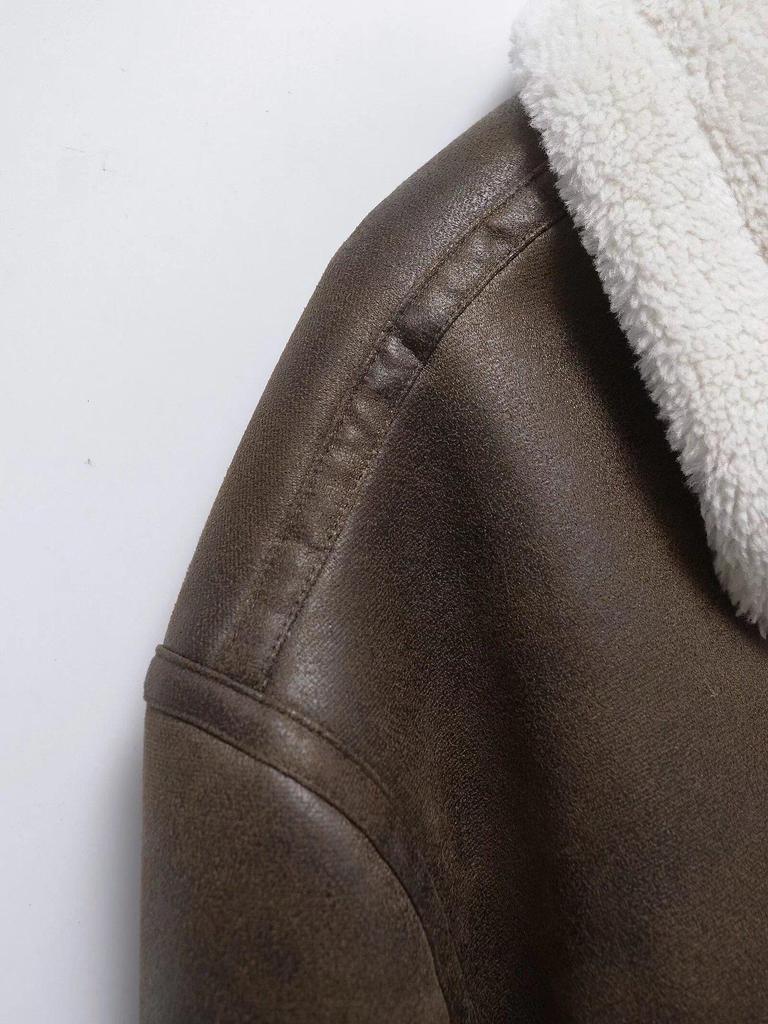 Women's Winter Shearling Suede Double-Sided Jacket with Turn-Down Collar