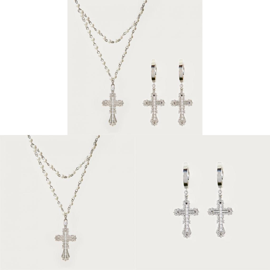Cross Necklace Set For Women With Pearl Chain And Gemstone Pendant For Style Jewelry