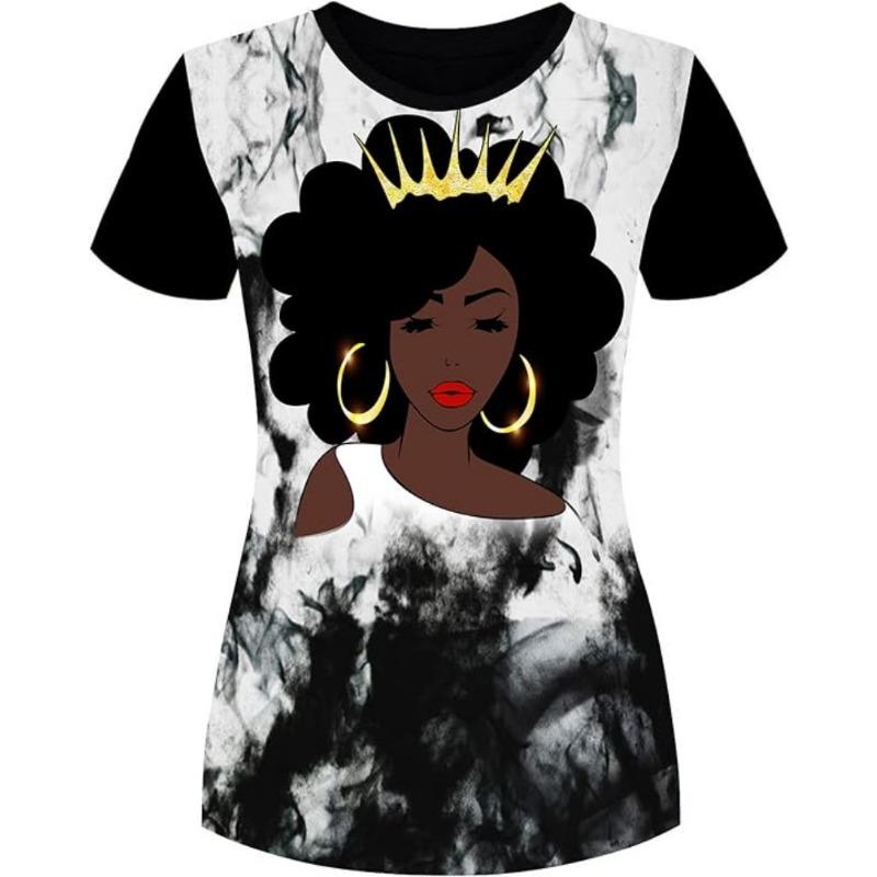 Black Pigment Girl Natural Hair Pattern T-shirt Women's T-shirt African Casual Short Sleeved Round Neck Top T-shirt