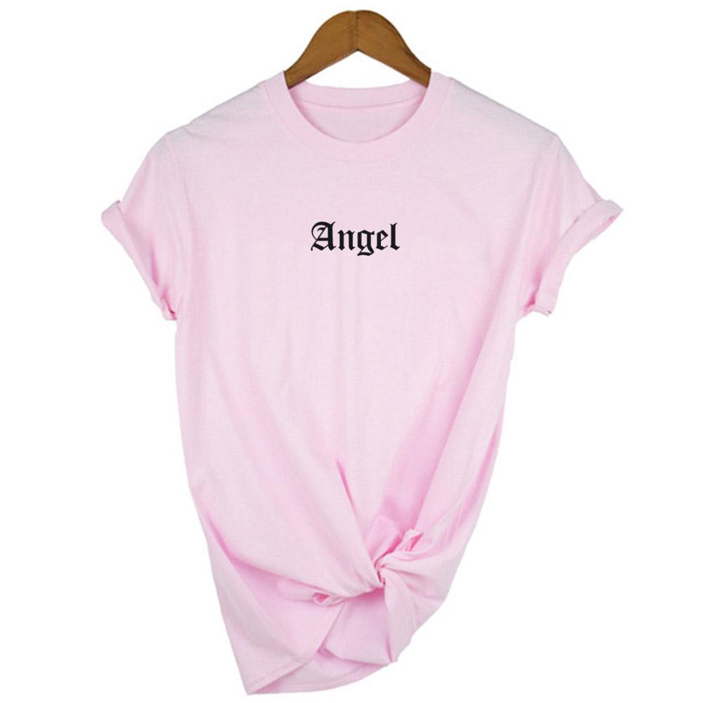 Angel Small Letter Print Vintage T Shirts For Women Graphic Tees Short Sleeve Casual Kawaii Camisas