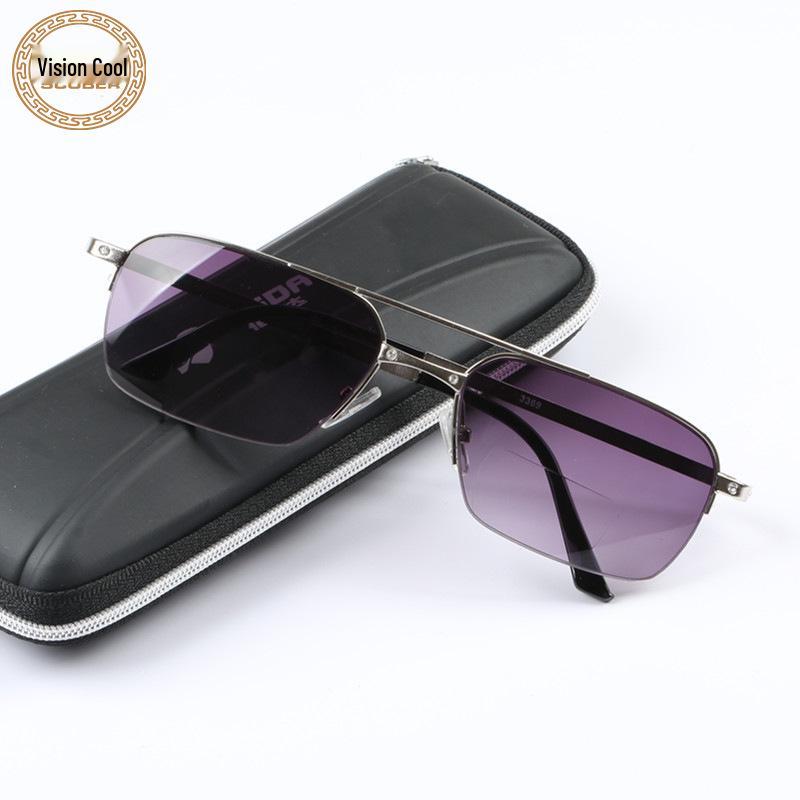 Old Flower Herren Bifokal Gleitsicht Sonnenbrille, Graue Gläser, Halbrand Lesebrille mit Kadiya Metallrahmen