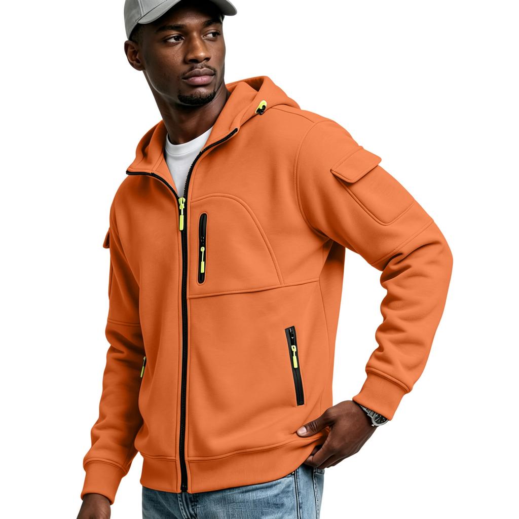 Men's Multi-Pocket Zip-Up Hoodie Casual Jacket for Outdoor Sports