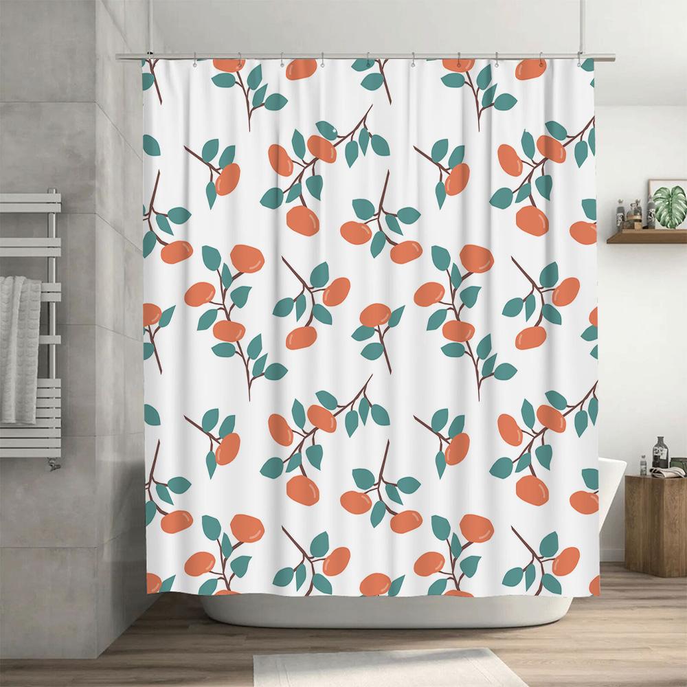 Delightful Floral Shower Curtain Set Modern Bathroom Decor with White Base + 12 Hooks in Green Leaves Orange Blossoms Design