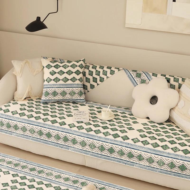 Retro Cotton and Linen Sofa Cushion Bohemian Sofas Cover Backrest Towel Geometric Pattern Anti Slip Wear-resistant Sofa Towel