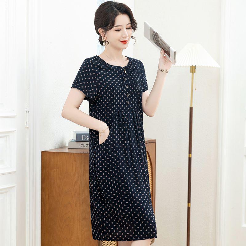 New Arrival Summer Cotton-Silk Knee-Length Loose Plus Size Short-Sleeved Dress for Mom