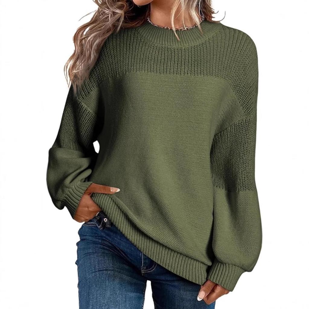 2025 Herbst Winter Neu Damen Einfarbig Laternenärmel Rundhals Langarm Pullover Gestrickter Pullover Top