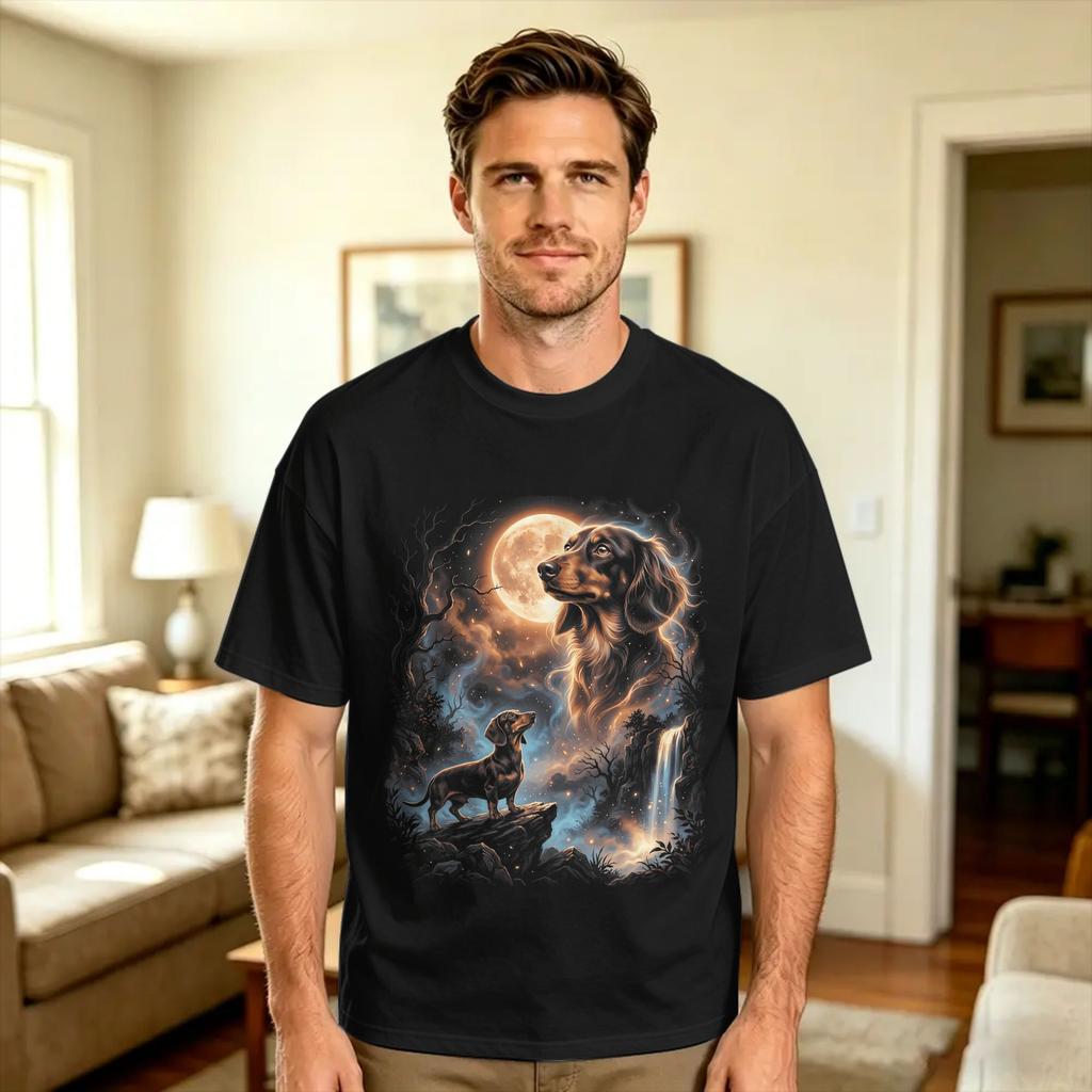 Vintage Dachshund Howling To The Moon 90s Retro Animals T Shirt Summer 100 Cotton T Shirts For Unisex Design Tshirt Short Sleeve