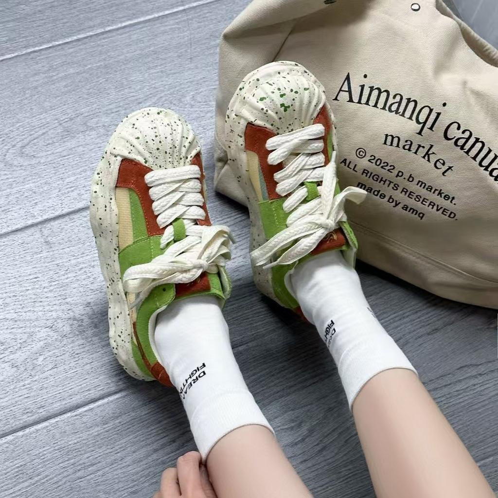 Leather trendy shoes shell head thick sole casual niche splashing ink dissolving board shoes women's spring new models