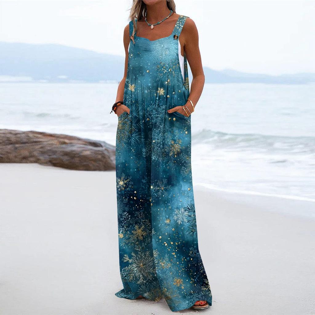 Women's Christmas Print Solid Wide Leg Strapless Tank Pocket Casual Onesie