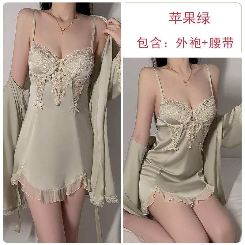 

Satin plus chest pad deep V temptation perspective lace mesh ruffle edge nightdress robe home set one size fits all