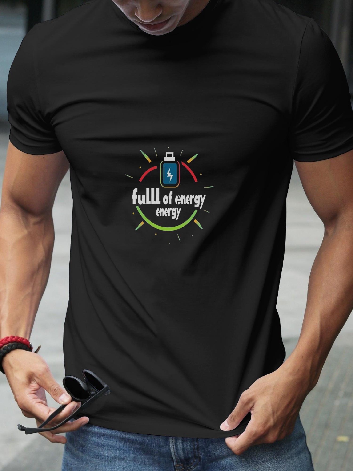 Retro Battery Graphic T-shirt - Full of Energy Slogan & Geometric Print XXXL