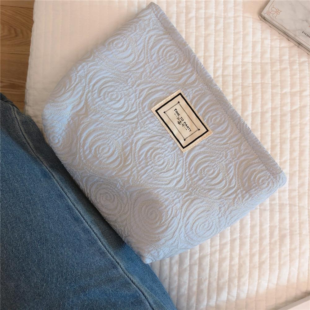 

377 Embossment Rose Design Makeup Bag Cosmetic Bag Large Capacity Cotton Cloth Travel Toiletry Bag Accessories Organizer Pouch Blue