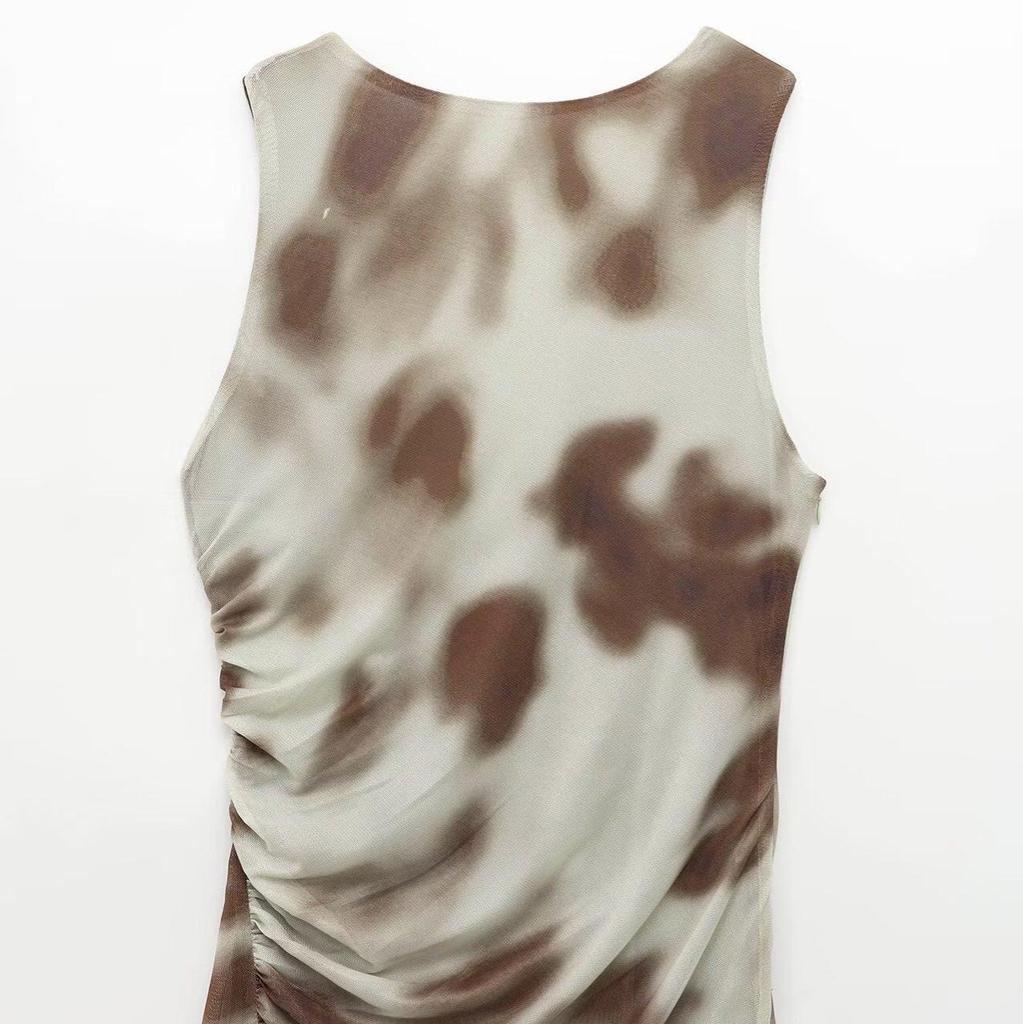 2025 Spring Women's European & American Fashion Pleated Print Sleeveless Midi Dress