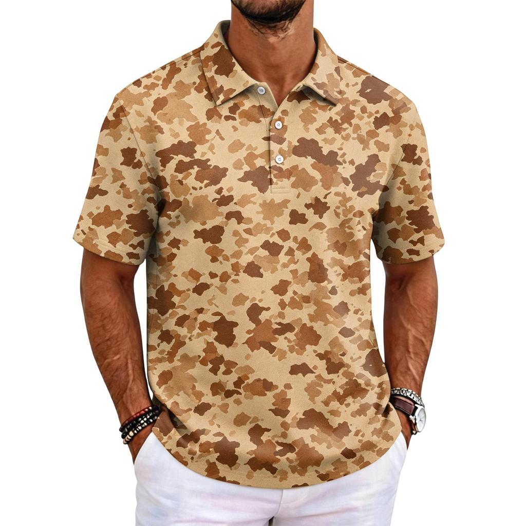 Men's Camouflage Polo Shirt Slim Fit Short Sleeve Business Casual Collar Buttoned Front Breathable Fabric Lightweight Design