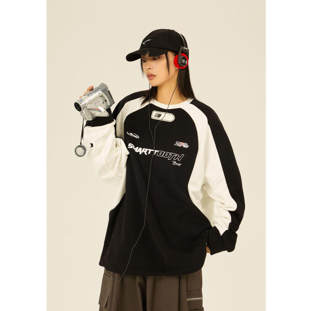 Trendy Streetwear Contrast Raglan Sleeve Racing-Style Motorcycle T-Shirt for Couples
