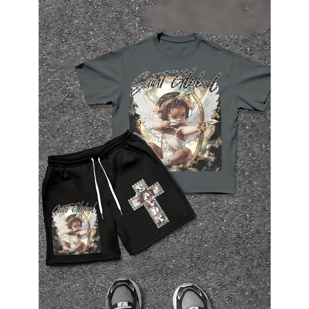 2026 Summer New Men's Short-Sleeved Set with 3D Angel Pattern Print for Street Casual Fashion Comfortable and Breathable