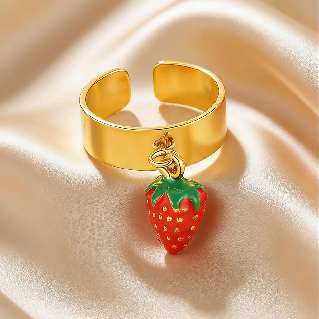 Modischer Frucht-Erdbeer-Anhänger Offener Ring für Damen Edelstahl 6mm Breit Grober Ring Schicker Kreativer Finger Schmuck Geschenke