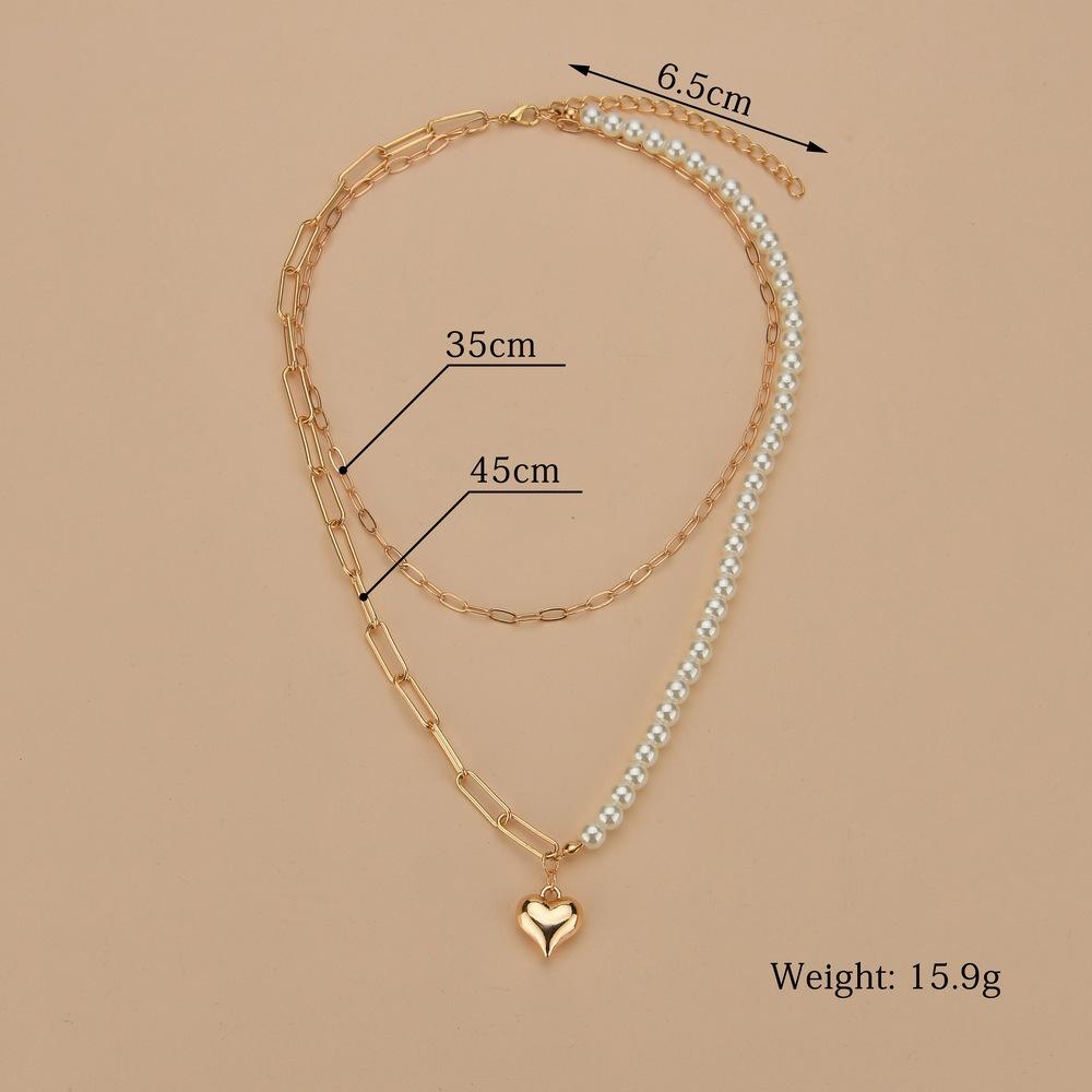 Gold Love Chain Pearl Splicing Double Stacked Necklace Ins Cold Wind Collarbone Chain Necklace
