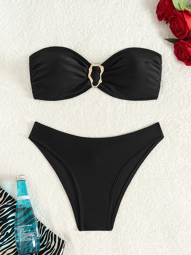 Women’s Summer Bathing Suit Solid Color Bandeau and High Cut Bottom Sexy Bikini Swimsuit, Two-Piece Swimwear